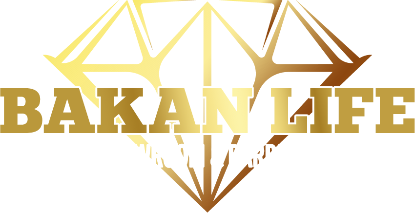 Logotipo dorado de Bakan Life con formas geométricas